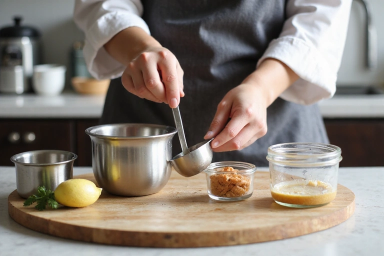 A person happily measuring ingredients, symbolizing portion control.