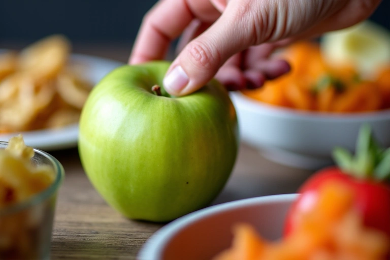 A close-up of a person's hand reaching for a healthy snack like an apple, avoiding junk food.