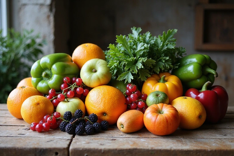 Various colorful fruits and vegetables arranged artfully, symbolizing healthy eating.
