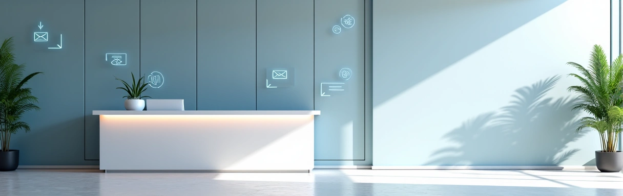 A friendly, professional office setting with communication icons floating around, symbolizing easy contact.