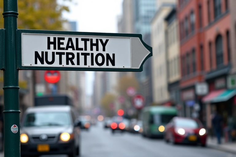 A clear street sign pointing towards a health and nutrition clinic, with a blurred city background.