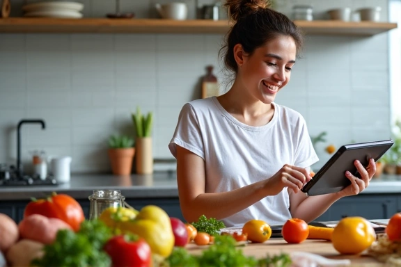 A person happily preparing a healthy and colorful meal in a modern kitchen, following a recipe on a tablet. No text, letters, or inscriptions.