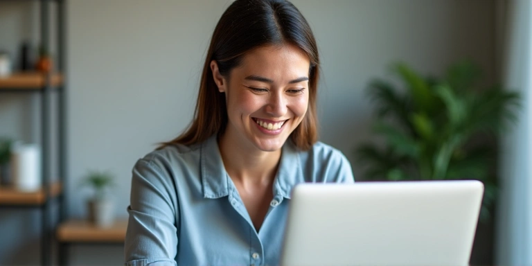 A professional woman smiling and looking at a laptop screen during an online video call, with health and nutrition-related graphics subtly in the background.