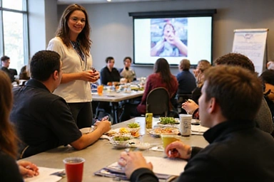 A group of people actively participating in a nutrition workshop, listening to a speaker.