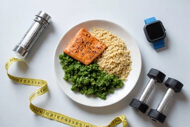 Various fitness equipment and healthy meal preparations, symbolizing weight management.