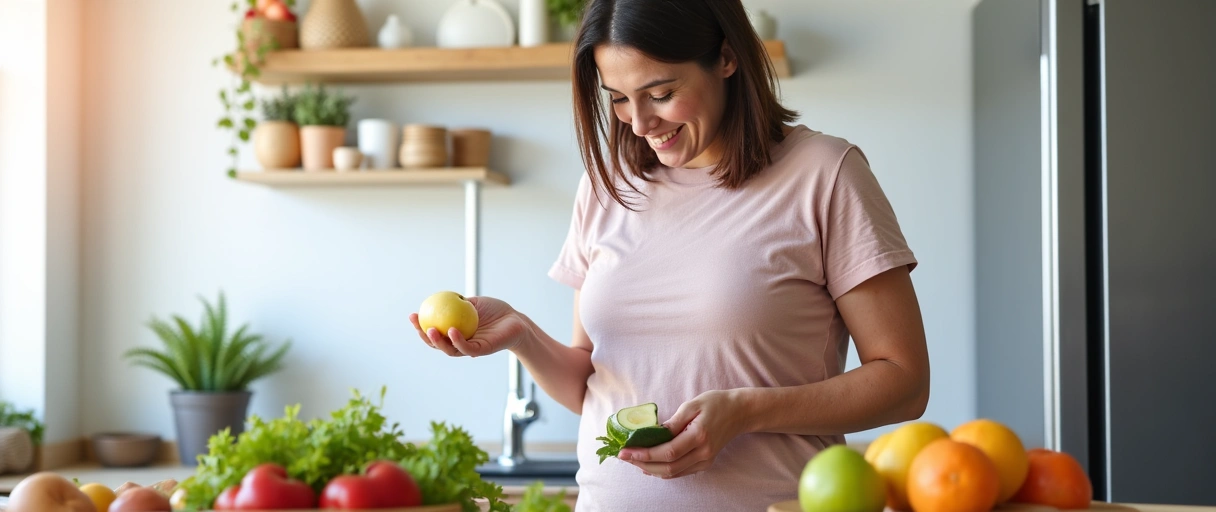 A person enjoying a balanced meal in a vibrant kitchen, symbolizing healthy weight management.