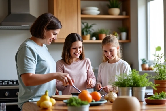 A cozy kitchen scene with a family happily cooking together, emphasizing the importance of healthy home cooking for children and family well-being. No text, letters, or inscriptions.